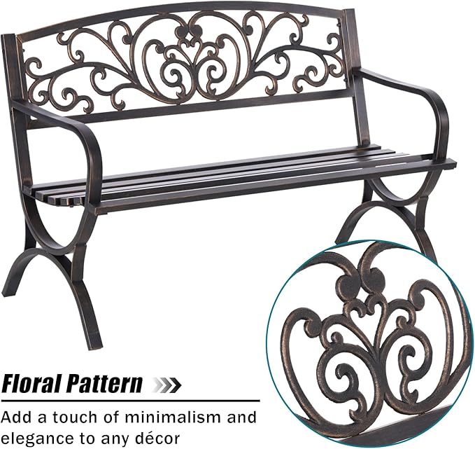 MFSTUDIO Outdoor Metal Bench Set of 2, 50 Inches Outdoor Garden Bench, Cast Iron Metal Frame Patio Park Bench with Floral Pattern Backrest, Arch Legs for Porch Lawn Yard, Bronze