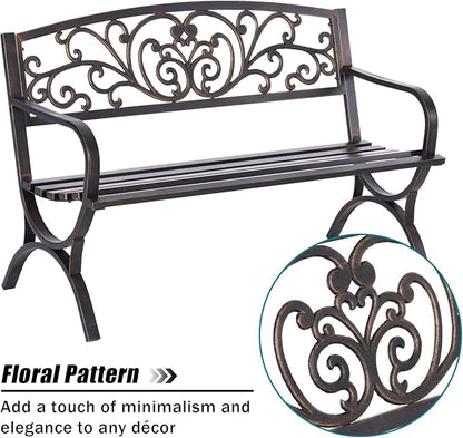MFSTUDIO Outdoor Metal Bench Set of 2, 50 Inches Outdoor Garden Bench, Cast Iron Metal Frame Patio Park Bench with Floral Pattern Backrest, Arch Legs for Porch Lawn Yard, Bronze