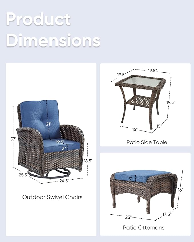 5 Pieces Outdoor Wicker Patio Furniture Set-High Back Outdoor Rocking Chairs Set of 2 with Ottoman Patio Conversation Sets for Deck Lawn Porch Balcony Poolside-Brown/Blue