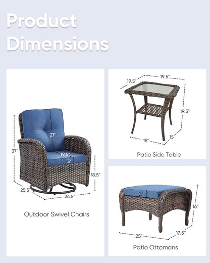 5 Pieces Outdoor Wicker Patio Furniture Set-High Back Outdoor Rocking Chairs Set of 2 with Ottoman Patio Conversation Sets for Deck Lawn Porch Balcony Poolside-Brown/Blue