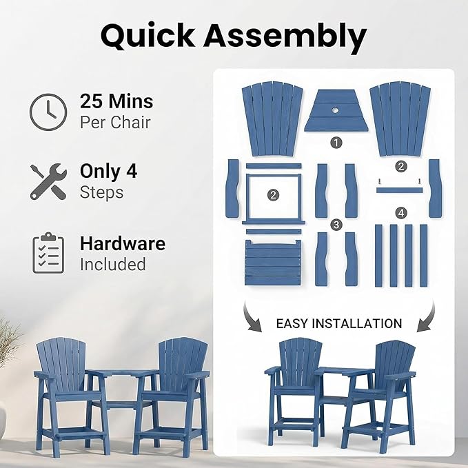 GLANC Tall Adirondack Chairs Set of 2, All Weather Resistant HDPE Bar Height Balcony Adirondack Chair with Connecting Trays, Upgraded Outdoor Adirondack Barstools for Deck Patio Pool Lawn (Navy Blue)