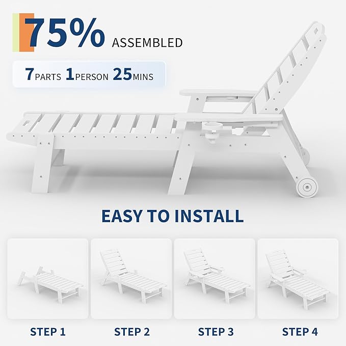 HDPE 5-Position Patio Lounge Chair for Outside, HDPE Chaise Lounge Outdoor with Cup Holder, Resin Pool Lounger Chair with Rolling Wheels