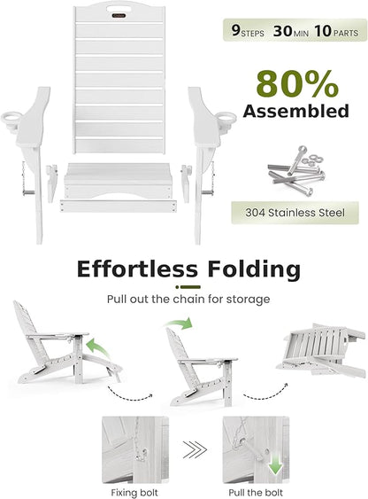 Ciokea Folding Adirondack Chair Set of 6 with Retractable Ottoman Fire Pit Patio Chair with Pull Out Foot Rest Weather Resistant Lawn Outdoor Chair with 2 Cup Holder (White)