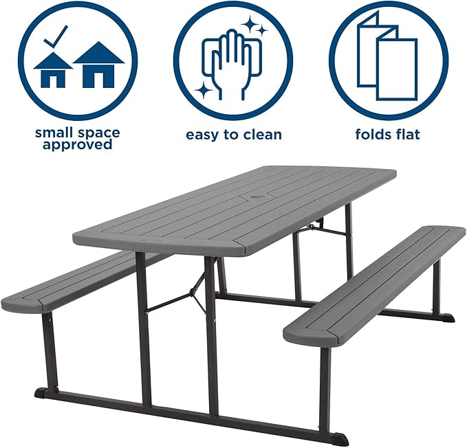 COSCO Outdoor Living 6 ft. Folding Picnic Table, Dark Gray Wood Grain Resin with Gray Steel Legs - Photo 7