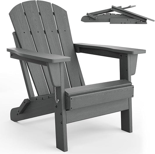 Garvee Folding Adirondack Chairs, HDPE Plastic Outdoor Chairs All-Weather Resistant for Fire Pit, Deck, Patio, Pool, Backyard - Gray