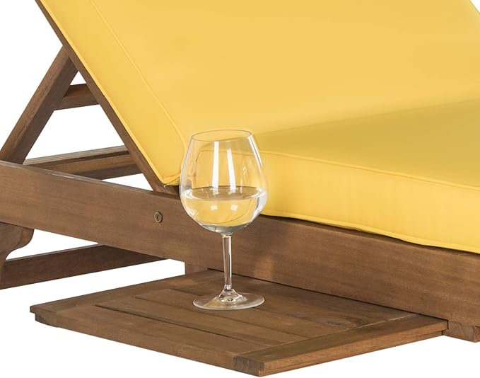 SAFAVIEH Outdoor Collection Newport Natural/ Yellow Cushion Built-in Side Table Adjustable Chaise Lounge Chair