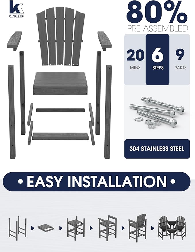 KINGYES Tall Adirondack Chair Set of 2, All-Weather HDPE Outdoor Adirondack Barstools with Removable Double Connecting Trays, High Airondack Chair with Wood Grain, Embossed Balcony Chair, Gray