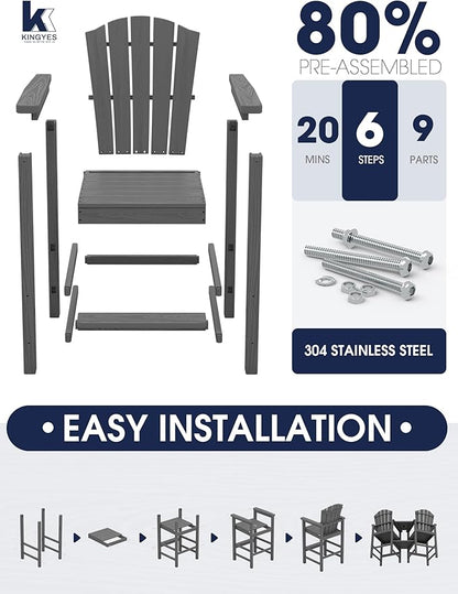KINGYES Tall Adirondack Chair Set of 2 with 9FT Umbrella, All-Weather HDPE Outdoor Adirondack Barstools with Removable Double Connecting Trays, High Airondack Chair with Wood Grain, Gray