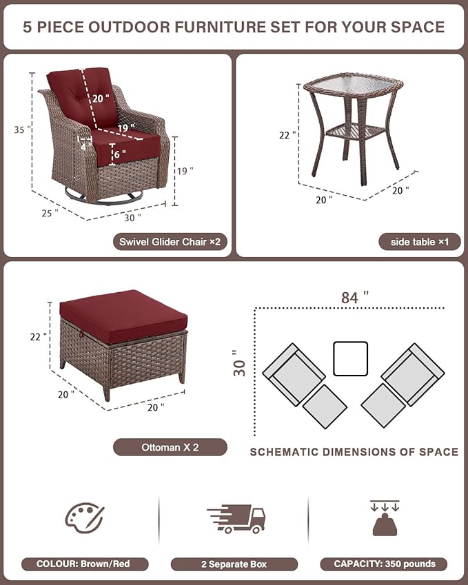 Belord 5 Piece Wicker Patio Furniture Set with Ottoman - High Back Outdoor Swivel Rocker Glider Chairs with Glass Top - Photo 2