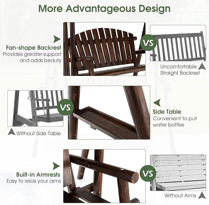 Tangkula Wooden Porch Swing, 2 Person A-Frame Outdoor Swing with Adjustable Canopy, Armrest, 2 Side Tables - Photo 6