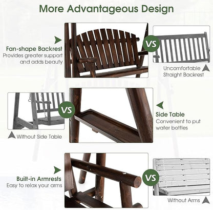 Tangkula Wooden Porch Swing, 2 Person A-Frame Outdoor Swing with Adjustable Canopy, Armrest, 2 Side Tables, Outdoor Swing with Wood Stand for Garden, Backyard, Deck, Poolside (Rustic)