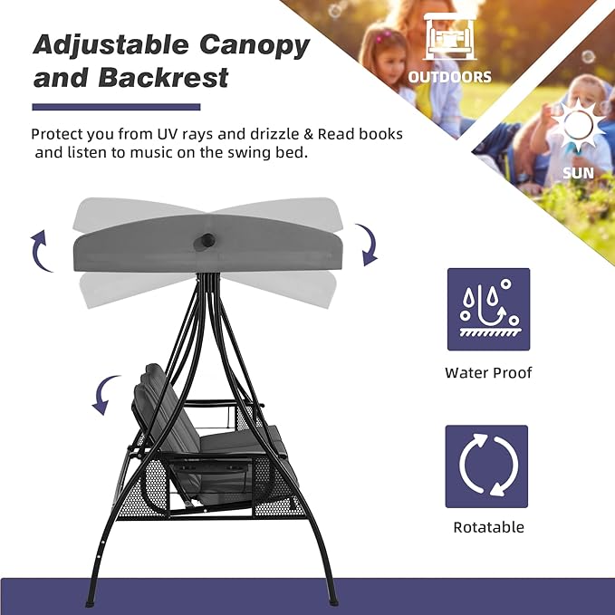 HOMREST 3 Seat Outdoor Porch Swing with 1.5" Deepened Cup Holder, Adjustable Canopy, Patio Swing Bed with Stand - Photo 2