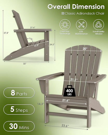 GREENVINES Adirondack Chairs Set of 2 | Wood Grain HDPE Plastic | Oversized Fire Pit Chair | All Weather | Desert Brown | Poly Lumber | for Outdoor Deck Backyard Patio Garden