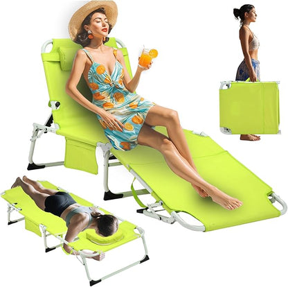 3-in-1 Heavy Duty Tanning Chair with Face Hole Adjustable 5-Position Folding Chaise Lounge Chairs Portable Lay Flat Beach Lounge Chair for Outdoor Sunbathing Patio Pool Lawn Camping Deck (Green)