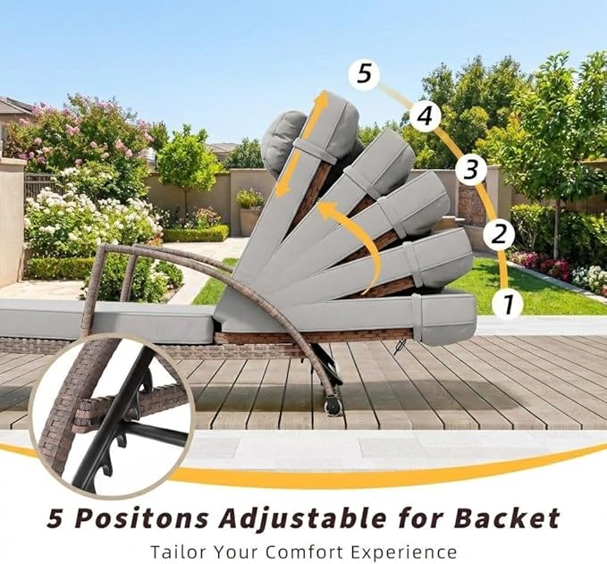 Outdoor Chaise Lounge Set of 2, 5-Position Adjustable PE Wicker Reclining Chairs with Wheels & 3.5" Cushions, 400 lbs Capacity All-Weather Patio Furniture for Poolside, Garden, Beach(Gray)