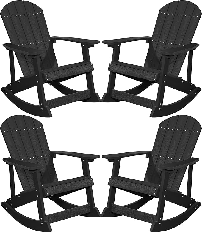 YEFU Outdoor Rocking Chair Set of 4,Adirondack Rocking Chair,Patio Rocker Chair with Wide Back,Oversized Rocker Chair Look Like Real Wood, for Lawn, Porch, Backyard, Indoor and Garden(Black)