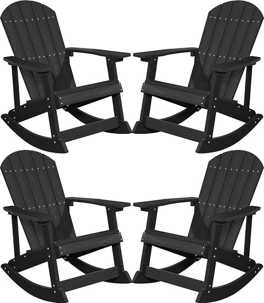 YEFU Outdoor Rocking Chair Set of 4,Adirondack Rocking Chair,Patio Rocker Chair with Wide Back,Oversized Rocker Chair Look Like Real Wood, for Lawn, Porch, Backyard, Indoor and Garden(Black)