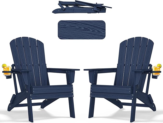 nevilywood HDPE Folding Adirondack Chair Set of 2,Waterproof All-Weather Outdoor Design with Cup Holder,Suitable for Fire Pit, Patio & Beach, Navyblue
