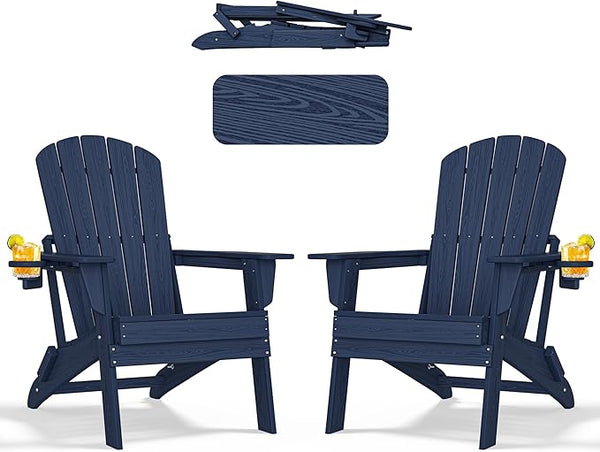 nevilywood HDPE Folding Adirondack Chair Set of 2, Waterproof All-Weather Outdoor Design with Cup Holder - Photo 1