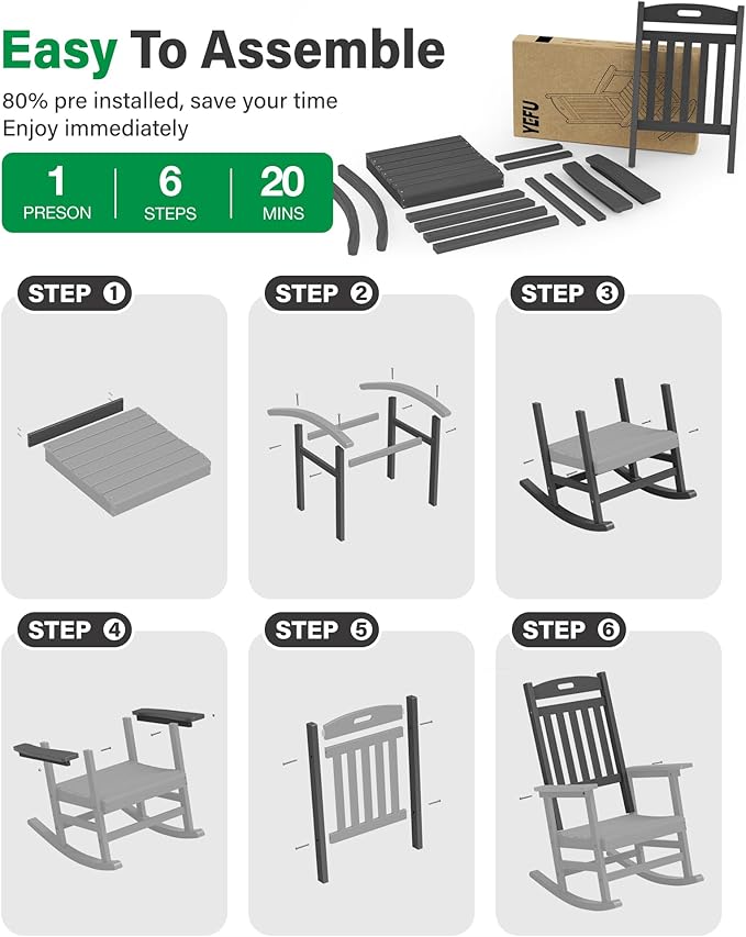 YEFU Outdoor Rocking Chairs Set of 4: Plastic Rocking Chairs for Outside, Weather Resistant for Patio, Easy to Assemble, Safe&Comfortable, Grey