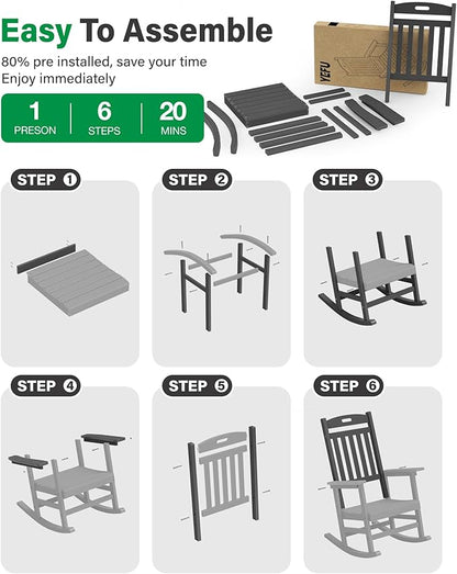 YEFU Outdoor Rocking Chairs Set of 4: Plastic Rocking Chairs for Outside, Weather Resistant for Patio, Easy to Assemble, Safe&Comfortable, Grey