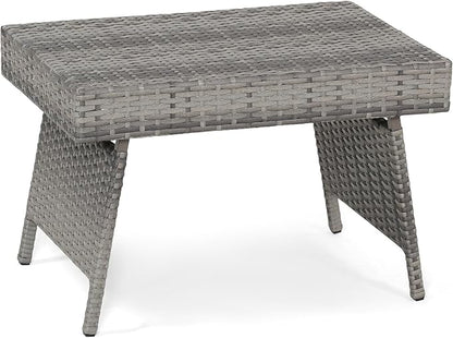 LDAILY Outdoor Side Table, Portable Wicker Coffee Table with Rattan and Steel Frame, All Weather Pre-Assembled Coffee Furniture, Standing Folding Patio for Courtyard, Poolside, Garden (Gray)