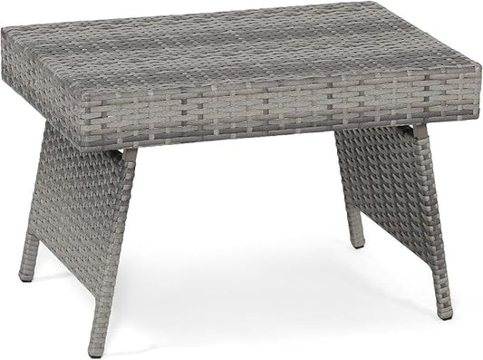 LDAILY Outdoor Side Table, Portable Wicker Coffee Table with Rattan and Steel Frame, All Weather Pre-Assembled Coffee Furniture, Standing Folding Patio for Courtyard, Poolside, Garden (Gray)