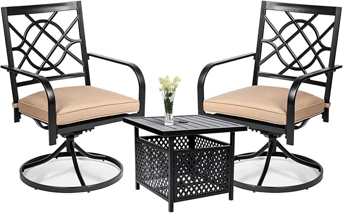 SUNCROWN 3 Pieces Outdoor Dining Swivel Chairs Set Metal Frame Patio Bistro Chairs with Brown Cushions and Patio Side Table for Garden, Backyard