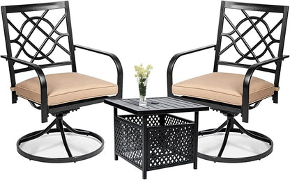 SUNCROWN 3 Pieces Outdoor Dining Swivel Chairs Set Metal Frame Patio Bistro Chairs with Brown Cushions and Patio Side Table for Garden, Backyard
