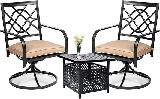 SUNCROWN 3 Pieces Outdoor Dining Swivel Chairs Set Metal Frame Patio Bistro Chairs with Brown Cushions and Patio Side Table for Garden, Backyard