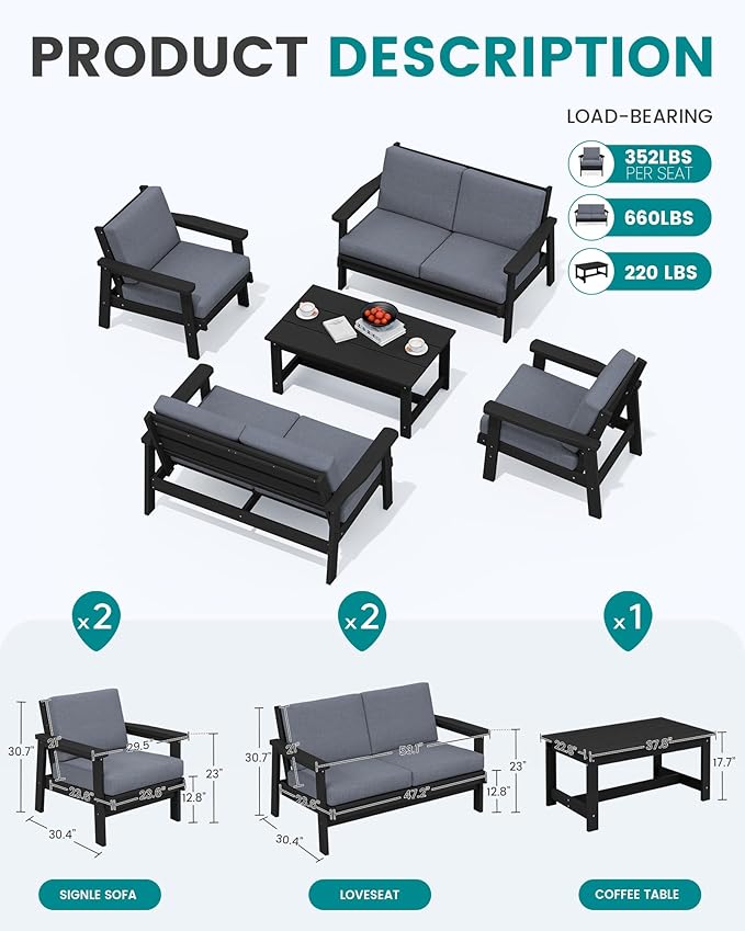 SERWALL HDPE Patio Furniture Set, 5 Piece All Weather Wood-Like Sectional Outdoor Furniture Set - Photo 2