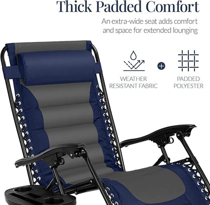 Best Choice Products Oversized Padded Zero Gravity Chair, Folding Outdoor Patio Recliner, XL Anti Gravity Lounger for Backyard w/Headrest, Cup Holder, Side Tray, Polyester Mesh - Navy/Gray