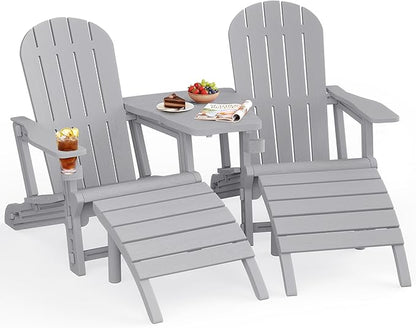 JY QAQA Outdoor Adirondack Chair Set of 2 with Detachable Table & Ottoman, All-Weather HDPE Patio Furniture with Wood Texture & Cup Holder for Patio, Poolside, Garden, Light Grey