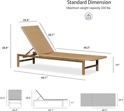 PURPLE LEAF Patio Chaise Lounge Chairs Outdoor 1 Piece, Wicker Pool Lounge Chairs for Outside with Adjustable Backrest, Aluminum Sunbathing Lounger for Patio, Poolside, Garden, Light Brown