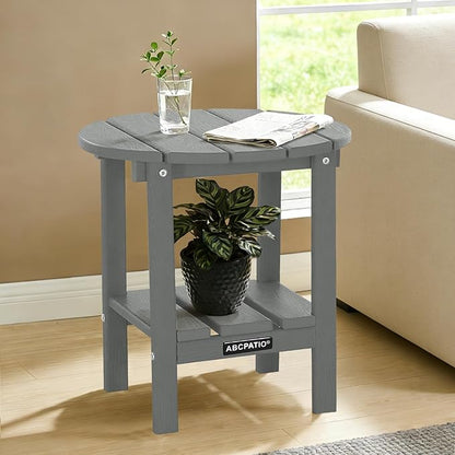 Outdoor Side Table Round - Patio Side Tables - HDPE Small Outdoor End Table for Backyard Pool Porch Balcony - Double Layer Storage - Dark Gray (Wood Grain Finish)