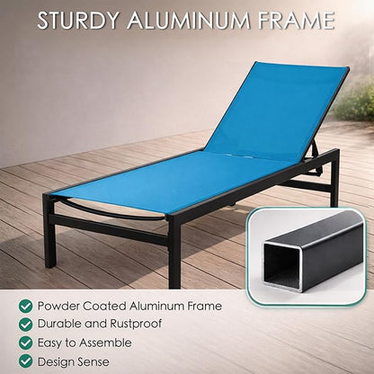 Kozyard 2-Pack Outdoor Chaise Lounge, Aluminum Frame and Textilene Fabric, Adjustable Reclining Patio Lounger for Poolside, Sunbathing & Backyard (Blue)