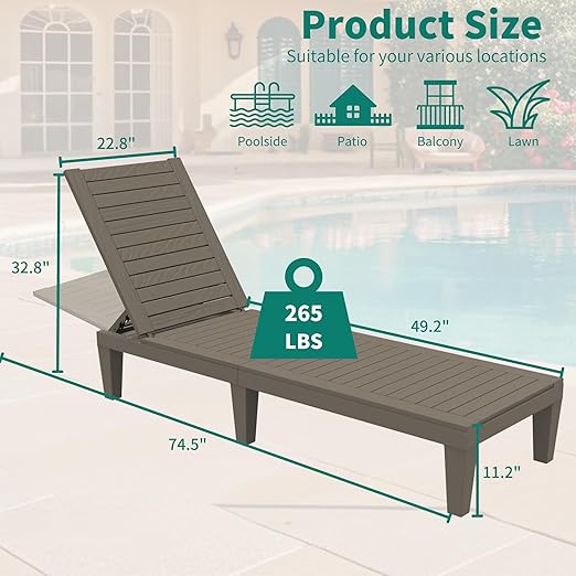 YITAHOME Patio Lounge Chair Set of 4, Outdoor Chaise Lounge with 5-Position Backrest, 265lbs Weight Capacity for Backyard, Poolside, Waterproof & Easy Assembly (Taupe)