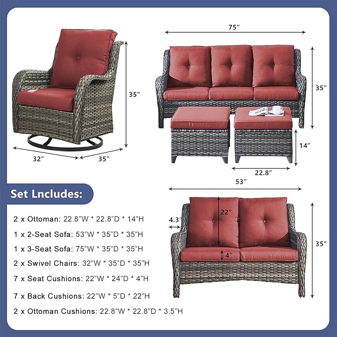 Rilyson Wicker Patio Furniture Set - 6 Piece Rattan Outdoor Sectional Conversation Sets with 2 Rocking Swivel Chairs - Photo 2