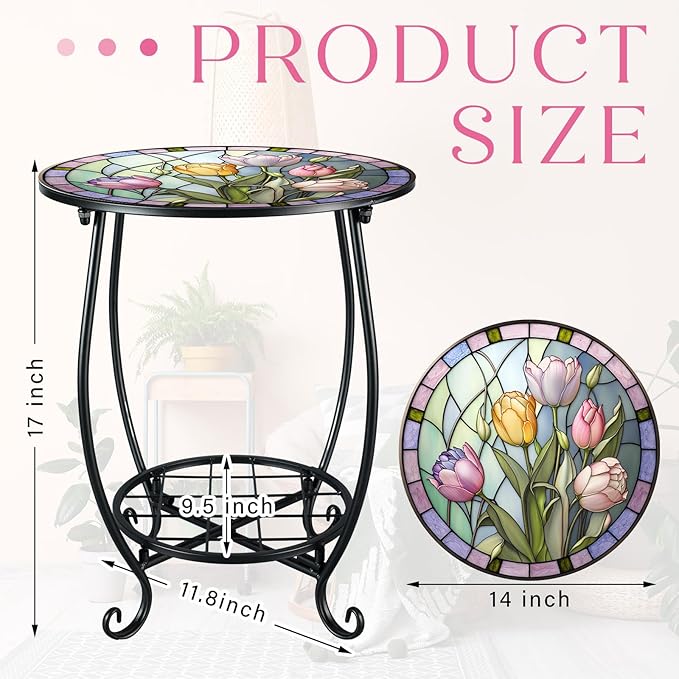 Outdoor Side Table Round Small Mosaic Patio Accent Indoor End Plant Coffee Tea Table for Yard Patio Porch Garden Living - Photo 3