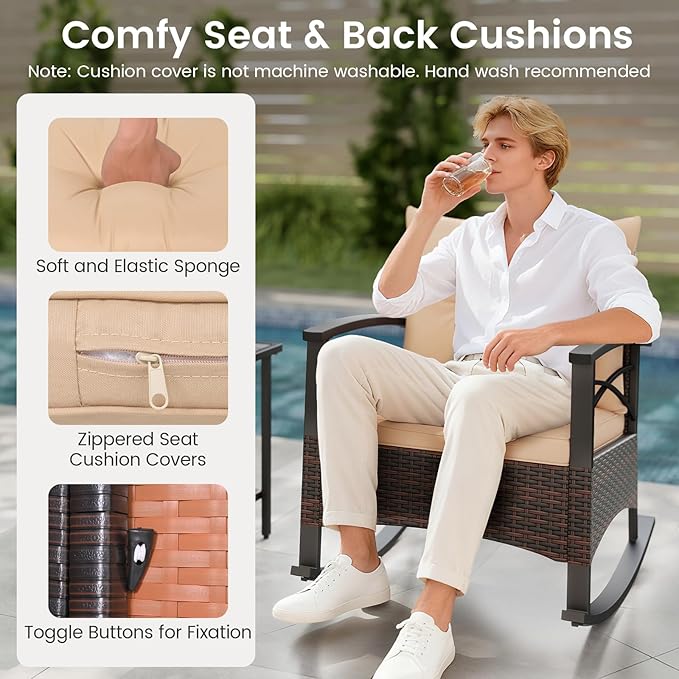 ORALNER 3-Piece Wicker Rocking Chair Set, Outdoor Cushioned Rocker and Acacia Wood Side Table, 400lbs Capacity, PE Rattan Patio Conversation Bistro Set for Porch, Garden, Deck, Poolside, Yard (Beige)