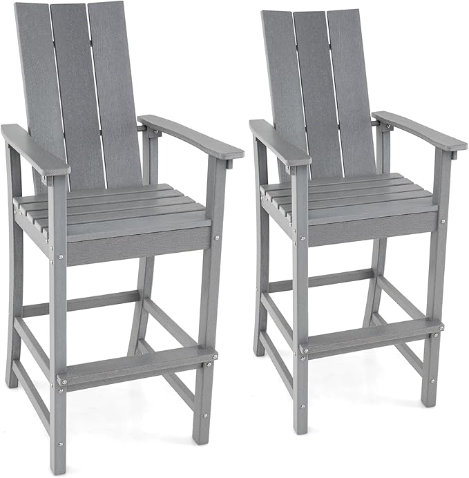 Giantex 52” Tall Adirondack Chair Set of 2, HDPE Outdoor Bar Stool with Ergonomic Backrest, Armrests, Footrest, Fire Pit Chair, All Weather Patio Bistro Chair for Garden, Lawn (Grey)