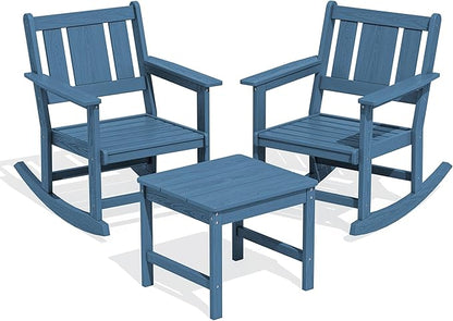 SERWALL Outdoor Rocking Chairs Set of 2 with Side Table, All-Weather HDPE 3 Piece Patio Furniture Set, Outdoor Bistro Set with Umbrella Hole for Porch Deck Lawn Balcony, Navy