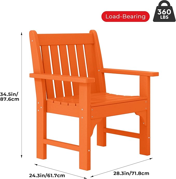 Costaelm Outdoor Dining Arm Chair, Patio HDPE Garden Dining Table Chair, Poly Lumber Waterproof Restaurant Bistro Farmhouse Chairs for Outside Porch Backyard, Orange