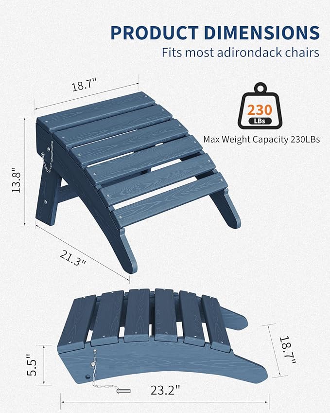 Garvee Folding Adirondack Ottoman Set of 2, HDPE Outdoor Footrest for Adirondack Chair, All-Weather Resistant for Deck Backyard Patio Outside Poolside Porch Lawn - Navy Blue