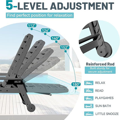 Outdoor Lounge Chairs, 78'' Long Patio Lounge Chair HDPE 5-Position Adjustable with Cup Holder & Rolling Wheels, Pool Lounge Chair for Sunbathing Tanning, Deck, Poolside -Grey