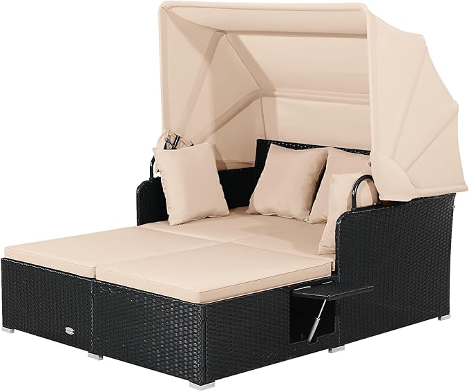 Moccha Outdoor Daybed with Retractable Canopy, Wicker Cabana with 2 Side Tables & Soft Cushions - Photo 1