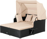 Moccha Outdoor Daybed with Retractable Canopy, Wicker Cabana with 2 Side Tables & Soft Cushions - Photo 1