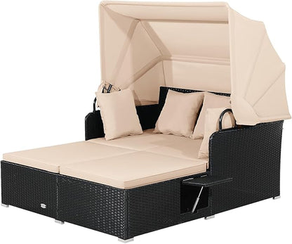 Moccha Outdoor Daybed with Retractable Canopy, Wicker Cabana with 2 Side Tables & Soft Cushions ,Hand-Woven PE Rattan Bed Lounger, Patio Sectional Furniture Set for Garden Backyard Porch (Beige)