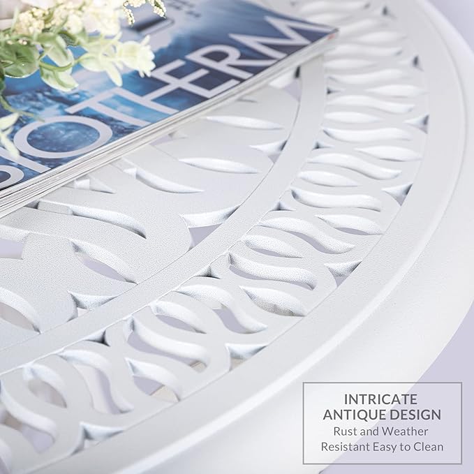 VIVIJASON 35.4" Outdoor Patio Dining Round Table White Cast Aluminum Rustic Large Patio Table with Umbrella Hole