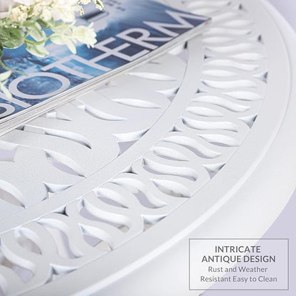 VIVIJASON 35.4" Outdoor Patio Dining Round Table White Cast Aluminum Rustic Large Patio Table with Umbrella Hole